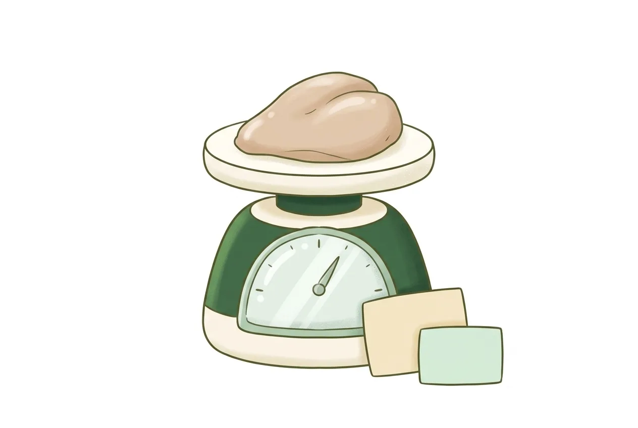 A kitchen scale weighing a raw chicken breast, with two blank nutrition cards of different sizes beside it