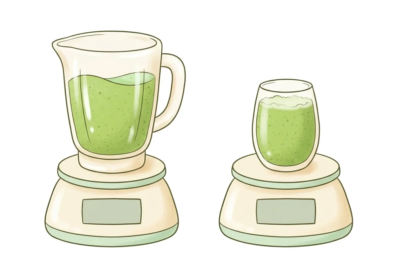 Dzbanek blendera z zielonym smoothie i szklanka tego samego smoothie stoją na wadze kuchennej