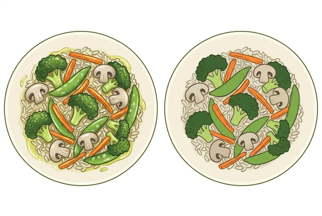 Two matching stir-fry rice plates, one glossy with oil, the other dry and matte
