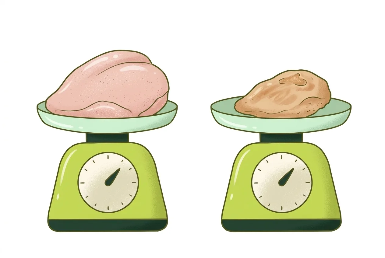 Two kitchen scales comparing a raw chicken breast to a smaller cooked one