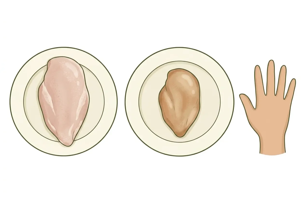 blanc de poulet cru et un plus petit, cuit, sur des assiettes à côté d'une main ouverte